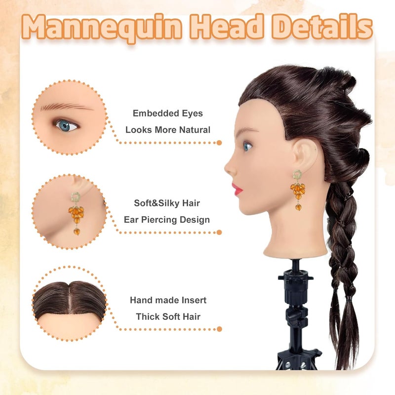Firstwon Mannequin Head Human Hair- Cosmetology Manikin Doll Head with 80% Real Hair for Hairdresser Practice Styling Braiding & Free Clamp Holder (Color #4) - Image 3